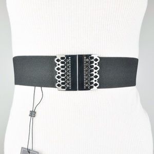 BCBG BLACK WAIST BELT SCALLOPED SILVER BUCKLE